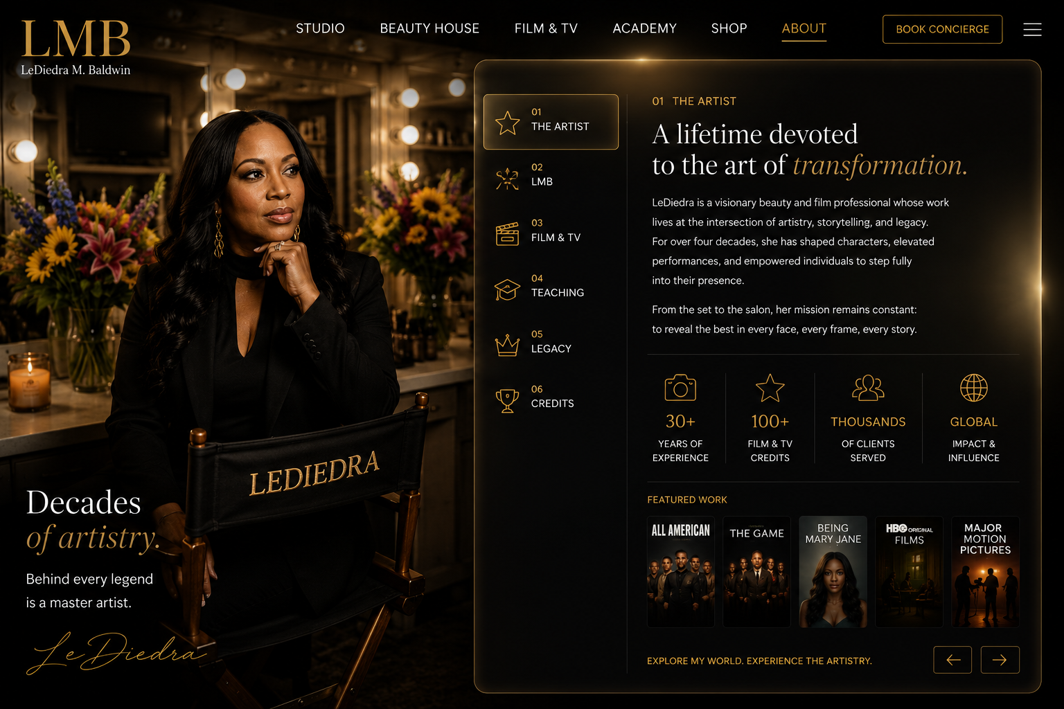 LeDiedra in her studio — director's chair, vanity, and flowers