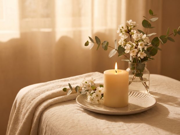 Candle and flowers in warm light