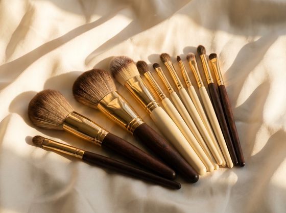 Professional makeup brushes in warm studio light
