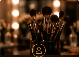 Professional makeup brushes in warm studio light