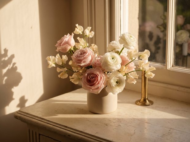 Soft pink flower arrangement in warm light