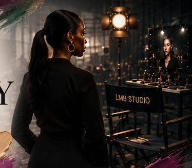 Film set makeup station with director chair and production lights.