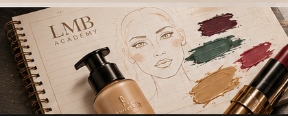LMB Academy notebook, makeup sketch, foundation bottle, and lipstick.