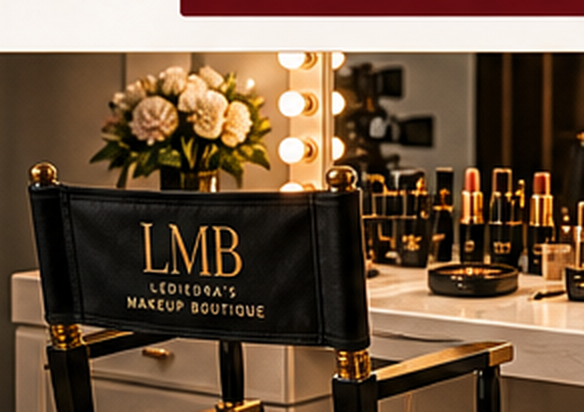 LMB vanity setup with director chair and beauty tools under studio light.