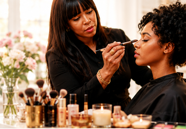 LMB artist applying makeup to a client seated in the Beauty House chair