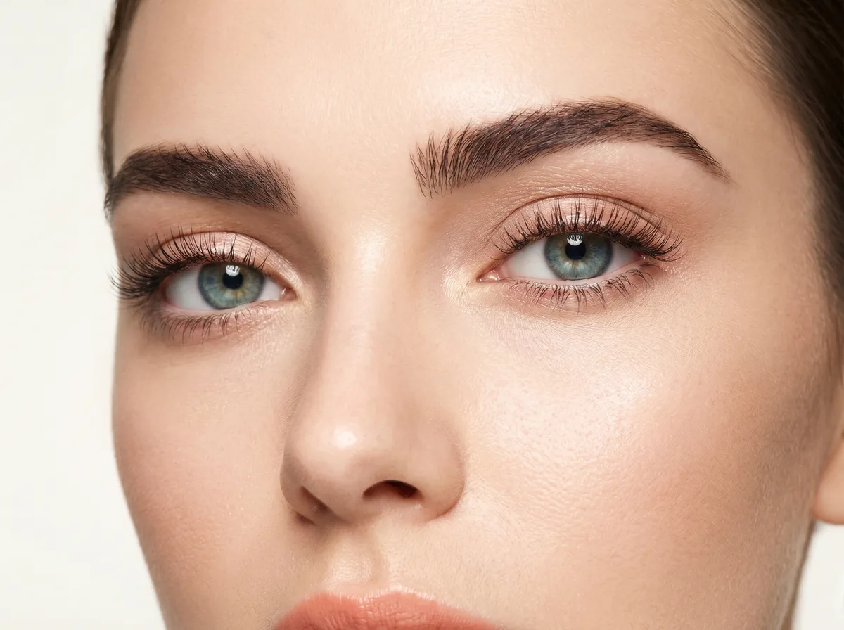 Close-up of striking long lashes and groomed full brows