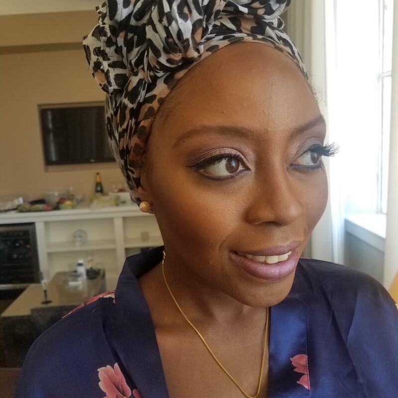 Elegant event makeup with a headwrap by LMB.
