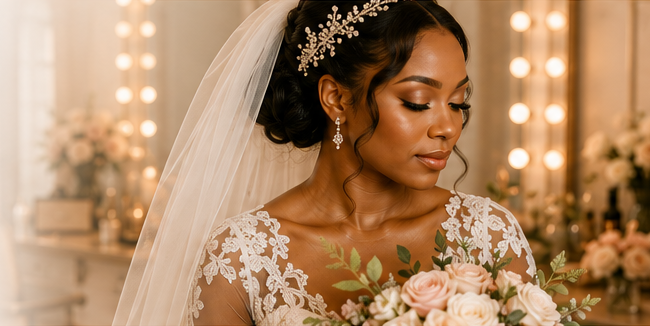 Bride with warm bridal makeup, veil, and bouquet