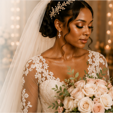 Bride holding a blush rose bouquet in soft studio light