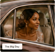 Bride in a car mirror with glowing makeup