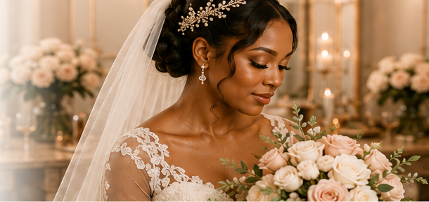 Bride holding a blush rose bouquet in a softly lit bridal suite