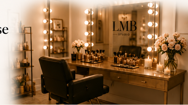 LMB studio vanity with mirrors, products, flowers, candles, and styling chair