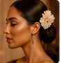 Recent glam profile with floral hair accessory.