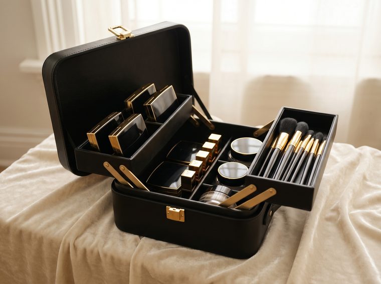 LMB mobile beauty kit with skincare products and brushes