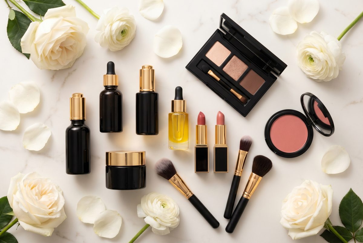 LMB skincare and makeup set arranged with a cosmetics bag, candle, and flowers.