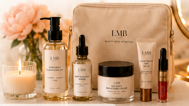 LMB skincare and makeup set arranged with a cosmetics bag, candle, and flowers.