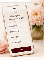 Phone mockup showing a skin goal quiz with flowers.